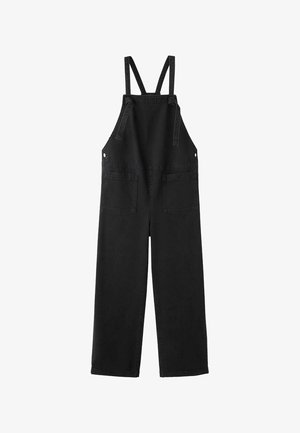 Schwarze Denim-Latzhosen mit verstellbaren Schultergurten, zwei Fronttaschen und locker sitzenden Hosenbeinen. Sauberes, minimalistisches Design.