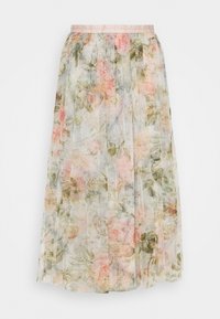 Plissé midi-rok met een pastel bloemenpatroon op doorschijnende stof, voorzien van een lichtroze satijnen tailleband en een zachte textuur.