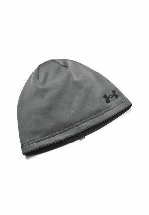 Grau Beanie aus synthetischem Material, mit glatter Textur, nahtlosem Design und einem schwarzen Logo-Detail an der Seite.
