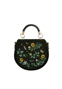 Juoda rankinė su auksinėmis detalėmis, puošta siuvinėtomis saulėgrąžomis, žaliais vijokliais, kolibriu, margažvėreliu, drugeliu, pusmėnuliu ir žvaigždėmis.