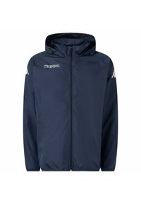 Mörkblå, lättvikts zip-up jacka med huva. Har elastiska ärmslut och Kappa-logotyp på vänster bröst och höger axel. Slät textur.