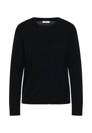 Svart cardigan med knäppning framtill, tillverkad av stickat tyg. Har lång ärm, rund halsringning och sex knappar framtill. Slät textur, inga mönster.