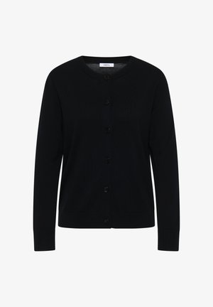Schwarze Strickjacke mit Knöpfen, gefertigt aus Strickstoff. Verfügt über lange Ärmel, einen runden Halsausschnitt und sechs vordere Knöpfe. Glatte Textur, keine Muster.