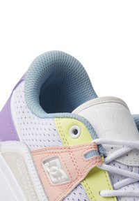 Shoe featuring a mesh upper with pastel purple, green, and pink accents. Textured blue collar and white laces with logo detail.