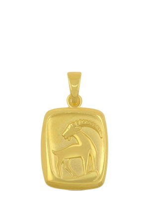 Goldener rechteckiger Anhänger mit erhabenem Design einer Bergziege mit gebogenen Hörnern, die auf einem Felsen steht.