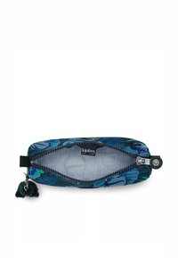Astuccio con un motivo floreale blu scuro, realizzato in tessuto. Presenta una chiusura con zip superiore e un charm a pompon verde attaccato.