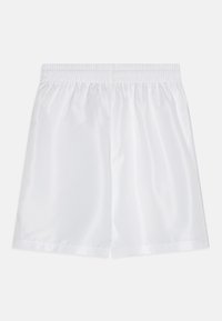 White satin shorts with an elastic waistband, smooth texture, knee-length cut, and no visible patterns or accents.