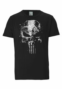 Camiseta de algodón negra con un gran gráfico de calavera blanca desvanecida, con detalles intrincados y una textura desgastada.
