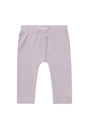 Lichtpaarse katoenleggingen met een elastische tailleband, scalloped zoom en een klein merklabel aan de zijkant voor detail.