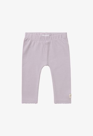Lichtpaarse katoenleggingen met een elastische tailleband, scalloped zoom en een klein merklabel aan de zijkant voor detail.