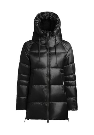 Sort dunjakke med hætte, lynlåslukning og sidelommer. Fremstillet af skinnende materiale med quiltet design og elastiske snoretræk.