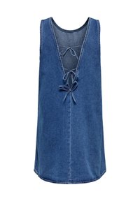 Robe sans manches en jean bleu avec un profond décolleté en V et trois nœuds noués au centre devant.