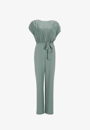 Light green, wide-leg jumpsuit with a gathered waist and bow tie. Features a boat neckline and soft, smooth fabric texture.