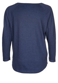 Navy blue long-sleeve top, soft fabric, round neckline, raglan sleeves, curved hem. Smooth texture, casual design, no visible hardware or patterns.