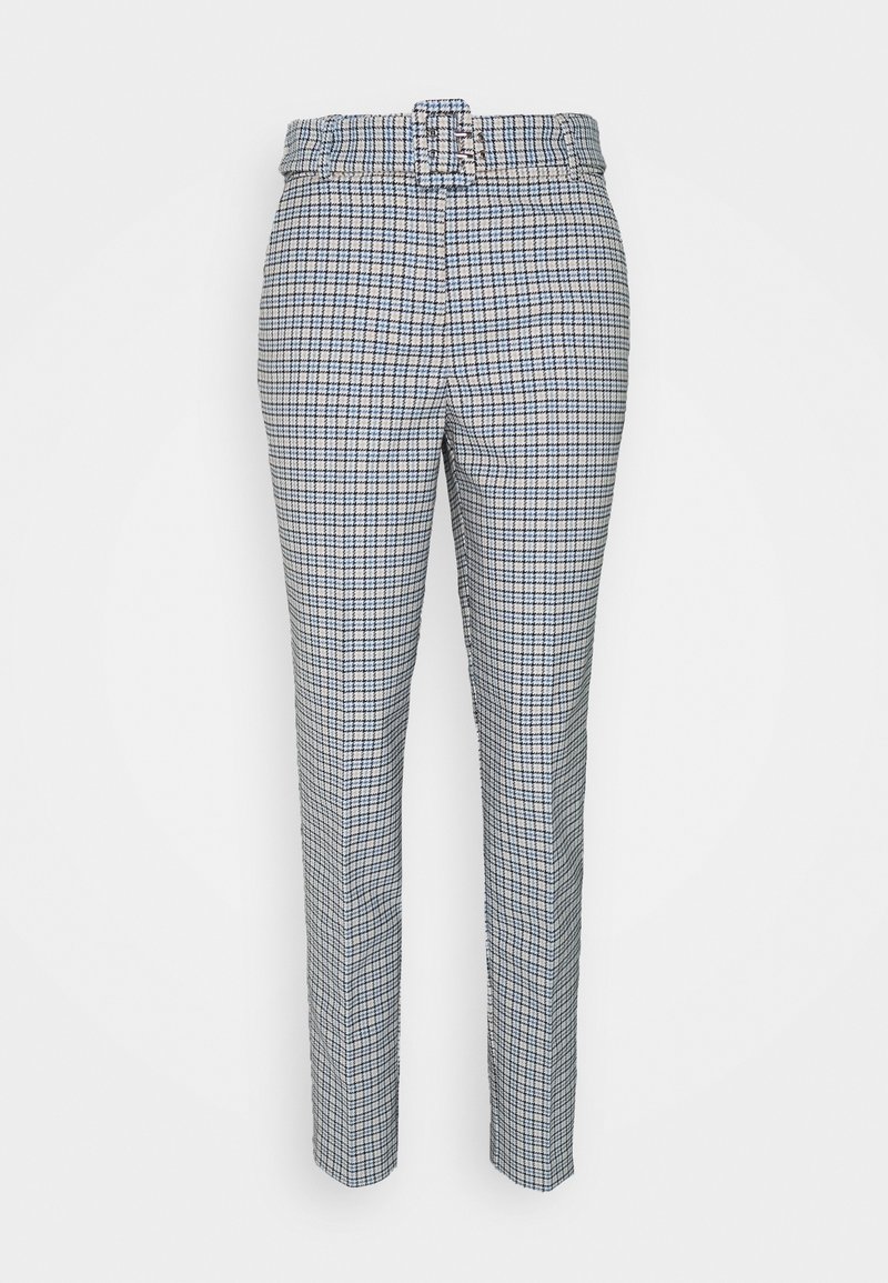 Pantalon taille haute ajusté avec passants pour ceinture, présentant un motif à carreaux noir, blanc et bleu clair.