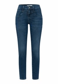 Vaqueros ajustados de denim azul oscuro, con cintura alta, diseño clásico de cinco bolsillos y un ligero estiramiento para un aspecto ceñido.