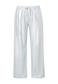 Silverfärgade, högmidjade byxor med vida ben i ett glänsande, slätt tyg. Har en elastisk midja med dragsko.