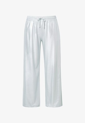 Sølvfarvede, højtaljede bukser med bred benåbning lavet af skinnende, glat stof. Har en elastisk talje med snøre-lukning.