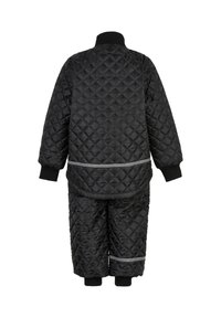 Black padded quilted jacket and pants set, featuring diamond patterns, elastic cuffs, and a reflective strip on the pants.
