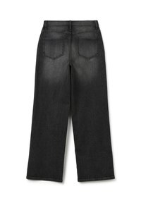 Pantalones de mezclilla negros de pierna ancha con cintura alta, que cuentan con dos bolsillos posteriores y una textura limpia y suave. Sin adornos visibles.