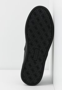 Semelle de chaussure avec motif texturé répétant le logo de la marque et l'étiquette "GUESS" embossée au centre, matériau en caoutchouc noir visible.