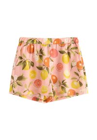 Pantaloni corti a fantasia di frutta con sfondo rosa chiaro, cintura elasticizzata e illustrazioni di arance, limoni e fiori.