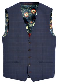 Marineblaues Weste mit karierter Musterung. Verfügt über fünf braune Knöpfe, zwei Fronttaschen und ein blumengemustertes Innenfutter.