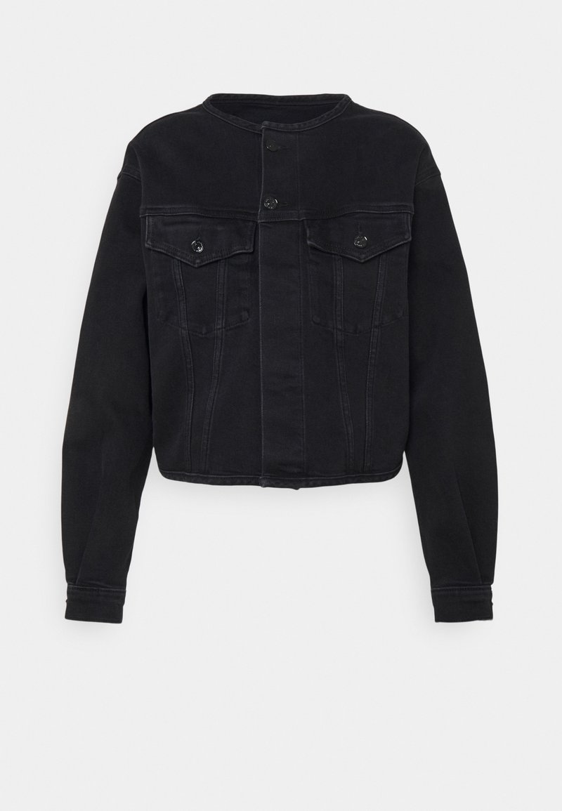 Black denim jacket with long sleeves, button-up front, two chest flap pockets, and a collarless round neckline.