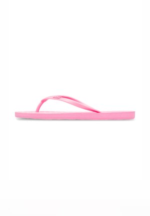 Rosa Flip-Flop aus Gummi mit flacher Sohle und schmalen Riemen, die eine leicht strukturierte Oberfläche für besseren Halt aufweist.