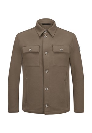 Braune langärmelige Jacke mit Knopfleiste, zwei verschließbaren Brusttaschen und Seitentaschen, mit Kragen und einem kleinen Logoaufnäher am Ärmel.