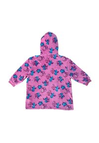 Coperta con cappuccio rosa dal tocco morbido, caratterizzata da un motivo di personaggi dei cartoni animati blu e viola, e polsini elasticizzati alle maniche.