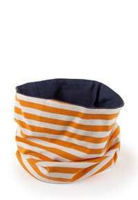 Striped neck warmer in orange and white cotton blend with a navy interior. Lightweight, tubular design with soft texture and no visible closures.