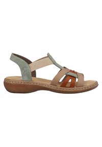 Sandale en cuir marron et vert avec des sangles multicolores, une bande élastique, un support de pied ergonomique et une semelle en caoutchouc moulé.