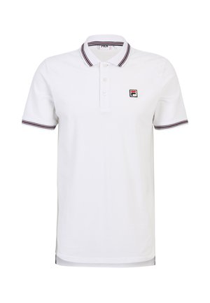 Camiseta polo blanca con cuello, tres botones y detalles en azul marino en el cuello y las mangas. Presenta un pequeño logo en el pecho.