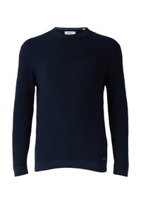 Granatowy sweter robiony na drutach z długim rękawem, okrągłym dekoltem, prążkowanymi mankietami oraz subtelnym wzorem teksturowym, prezentowany na białym tle.