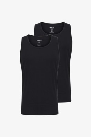 Débardeurs en coton noir avec encolure ronde, présentant une texture lisse et une coupe ajustée. Deux pièces montrées empilées.