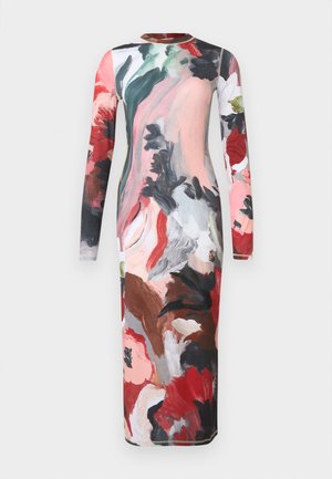 Rochie cu mâneci lungi, cu o siluetă ajustată, confecționată dintr-un material neted cu un model abstract floral multicolor în roșu, roz și verde.