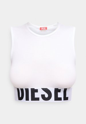 Top corto bianco senza maniche con scollatura rotonda. Presenta un ampio logo nero "DIESEL" sull'orlo. Tessuto dalla superficie liscia.