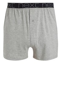 Grå bomullsboxershorts med resårmidja i svart som har varumärket tryckt, knappstängning fram och en mjuk textur.