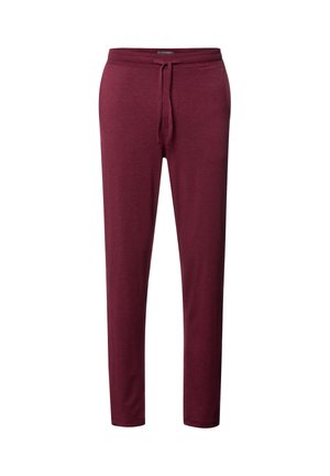 Bordowe spodnie dresowe wykonane z miękkiego tworu, z elastycznym paskiem na sznurki i zwężanymi nogawkami. Teksturowany materiał bez widocznych wzorów czy akcentów.