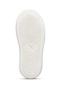 Sola in gomma bianca con un motivo ondulato testurizzato e logo circolare. Presenta un design piatto con bordi arrotondati e un'impronta del numero di modello chiara.