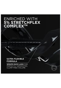 Mascara wand coated with a flexible formula twisting around it, promoting lash separation and clump-free volume.