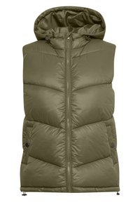 Gilet matelassé vert olive avec capuche, fermeture éclair sur toute la longueur et deux poches latérales. Tissu doux et lisse avec un design matelassé horizontal.