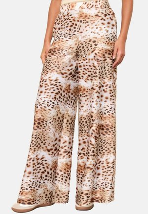Wide-leg pants made of smooth fabric, featuring a beige and brown leopard print pattern. High waist design with a relaxed fit.
