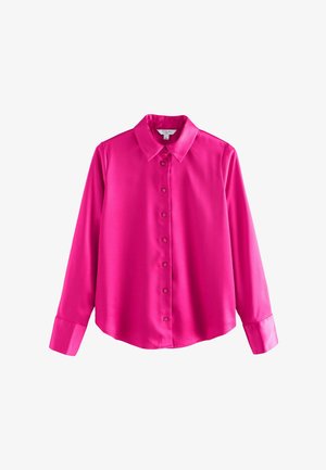 Fuchsia satin long-sleeve shirt with a collared neck, front button closure, and buttoned cuffs. Smooth texture and relaxed fit.