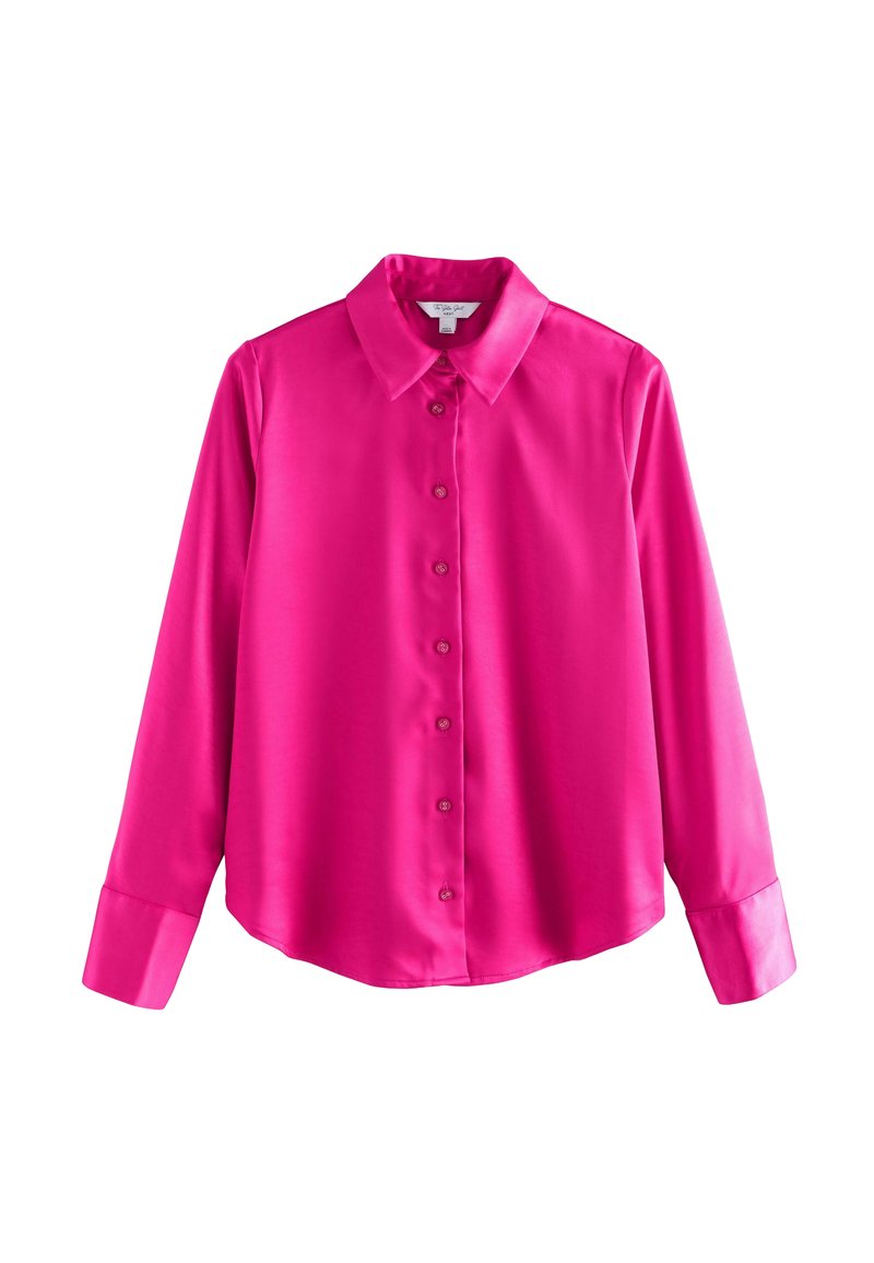 Camicia fucsia in satin a maniche lunghe con colletto, chiusura frontale con bottoni e polsini con bottone. Tessuto liscio e vestibilità rilassata.