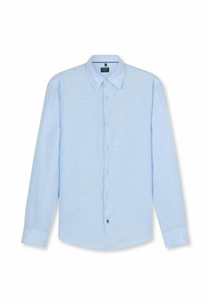 Light blue long-sleeve men's button-up shirt with a pointed collar, displayed flat against a white background.