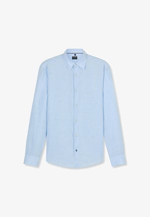 Light blue long-sleeve men's button-up shirt with a pointed collar, displayed flat against a white background.