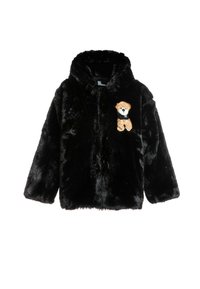 Chaqueta de pelaje sintético negro con capucha, con un gráfico de oso en el pecho. Textura suave, corte relajado y mangas largas.