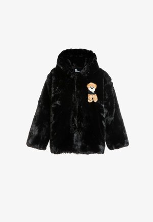 Chaqueta de pelaje sintético negro con capucha, con un gráfico de oso en el pecho. Textura suave, corte relajado y mangas largas.